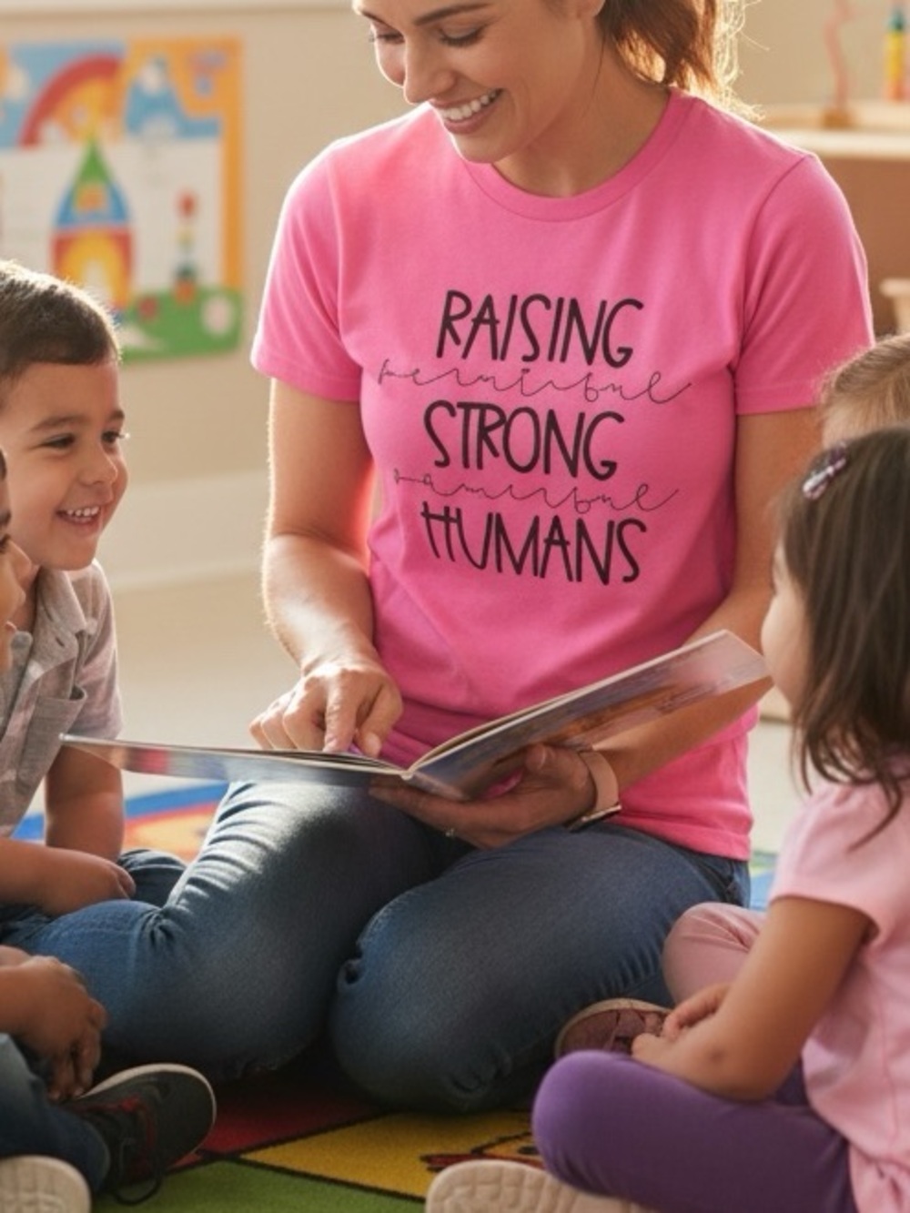 👛 (ANY 2/$15) Roomy GILDAN Pink Short Sleeve Tee: Raising Strong Humans